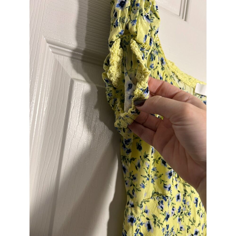 ASTR The Label Yellow Blue Floral Milkmaid Midi Dress Lace Trim Medium